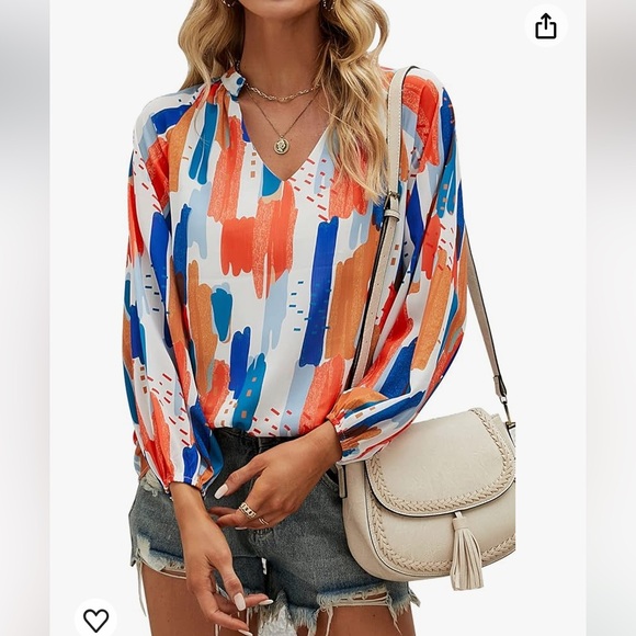 NWOT V Neck Boho Ballon Sleeve Mixed Print Light Weight Long Sleeve Top - Picture 3 of 8